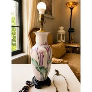 vintage handpainted porcelain table lamp with floral calla lily carved wood base